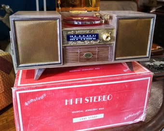 Musical Hi-Fi Stereo Record Player Turntable Jewelry Music Box   Vintage  Made in Hong Kong