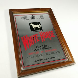 White Horse Scotch Whisky 70er Jahre Vintage Gerahmter Pub Bar Werbespiegel 32 x 24 cm