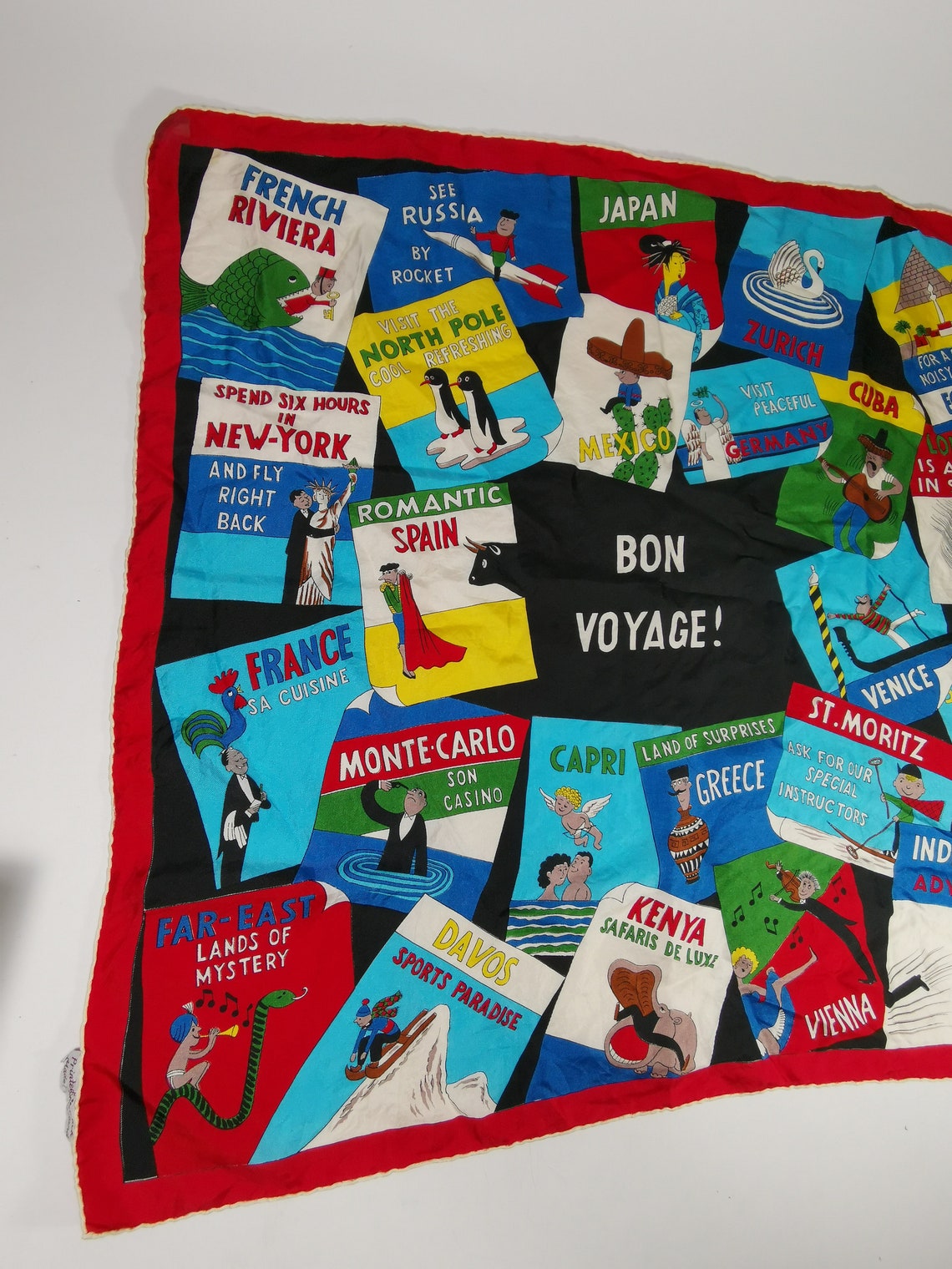 Bon Voyage Vintage Silk Scarf With Countries by Pure Silk Made in Switzerland, foto 2 di 5