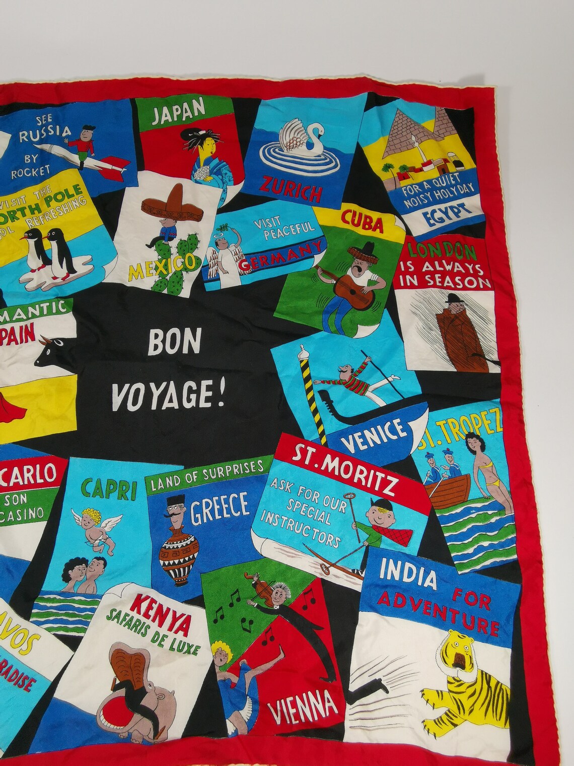 Bon Voyage Vintage Silk Scarf With Countries by Pure Silk Made in Switzerland, foto 4 di 5