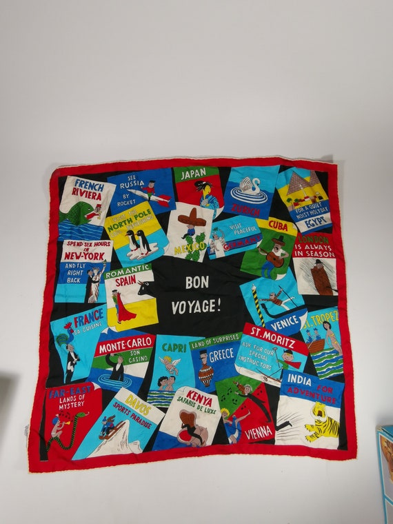 Bon Voyage Vintage Silk Scarf With Countries by Pure Silk Made in Switzerland