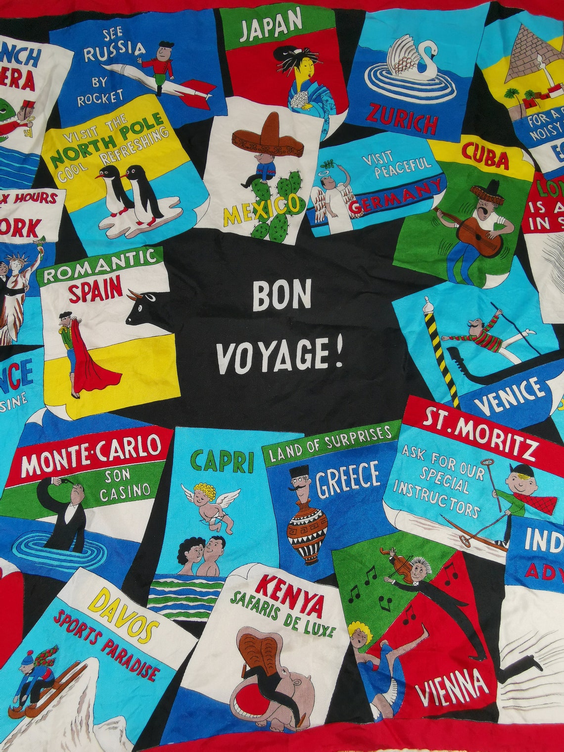 Bon Voyage Vintage Silk Scarf With Countries by Pure Silk Made in Switzerland, foto 3 di 5
