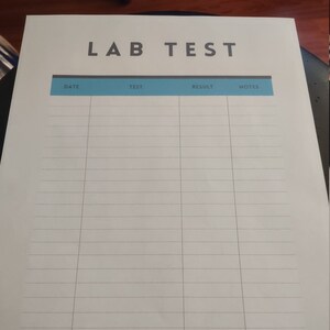 May include: A blank lab test form with the headings "Date", "Test", "Result", and "Notes".