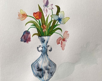 Bouquet dans un vase, illustration originale à l’aquarelle. 21x23,7 cm