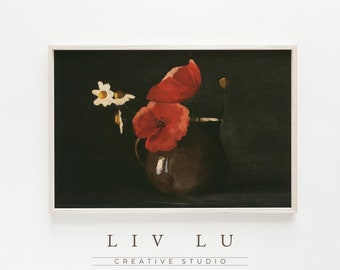 May include: A framed art print featuring a still life of red poppies and white flowers in a brown vase against a dark background. The artwork has a vintage aesthetic. The text "LIV LU CREATIVE STUDIO" is at the bottom.