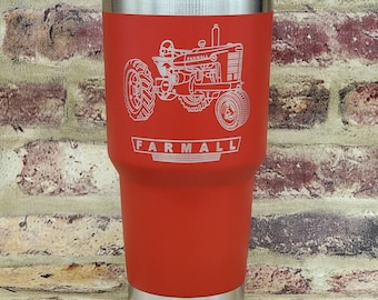 Farmall International Case M Tractor Insulated Laser Engraved Tumbler Cup 12oz is a stemless wine, 20oz is standard,  30oz is large
