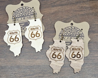 Pendientes de la Ruta 66 de Illinois grabados y cortados con láser