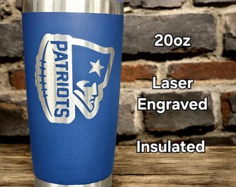 New England Patriots Football Laser Engraved Tumbler Cup 12oz stemless wine, 20oz normal,  30oz large