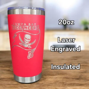 Tampa Bay Buccaneers Laser Engraved Tumbler Cup 12oz is stemless wine, 20oz normal, 30oz large