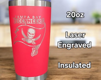 Tampa Bay Buccaneers Laser Engraved Tumbler Cup 12oz is stemless wine, 20oz normal, 30oz large