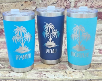 Vaso para fiesta de vacaciones con grabado láser y aislamiento con forma de palmera y nombre de 20 oz