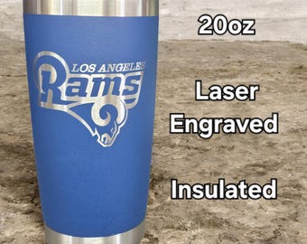 Vaso de Los Angeles Rams para portón trasero de fútbol con grabado láser, aislado, de 12 oz (sin tallo), de vino, de 20 oz (normal) y de 30 oz (grande).