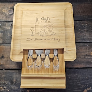 Charcuterie Board with Serving Utensils Eat Drink and be Merry Wine and Cheese board add your custom text
