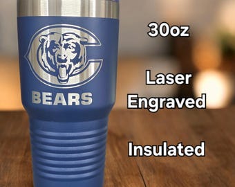 Vaso de los Chicago Bears para el portón trasero con aislamiento grabado a láser, de 12 oz de vino sin tallo, 20 oz de tamaño normal, 30 oz de tamaño grande