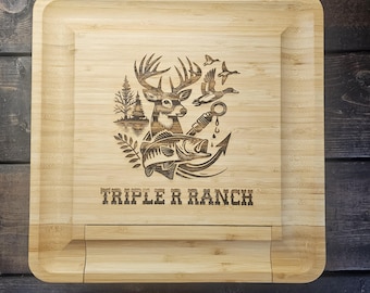Charcuterie Board with Serving Utensils Hunting Theme with Deer Duck Fish add your custom text
