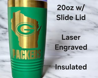 Vaso de fútbol americano Greenbay Wisconsin Packers, aislado, grabado a láser, 20 oz