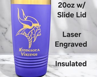 Vaso aislado de 20 oz con grabado láser para portón trasero de fútbol de los Minnesota Vikings