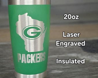 Green Bay Packers Tumbler Cup Football Tailgate Laser Engraved  20oz normal size or  30oz large