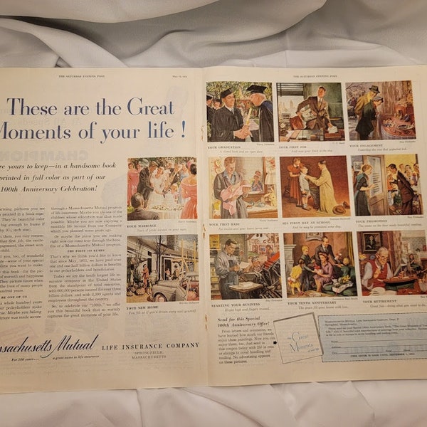 Lot 3 Vintage Ad Double Page Massachusetts Mutual Life Insurance Champion Spark Plug GE Fan General Electric Saturday Evening Post May 1951