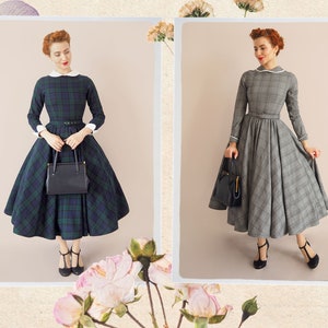 May include: Two women wearing plaid dresses with white collars and black belts. The dresses have a full skirt and are knee-length. Both women are carrying black handbags and wearing black shoes.