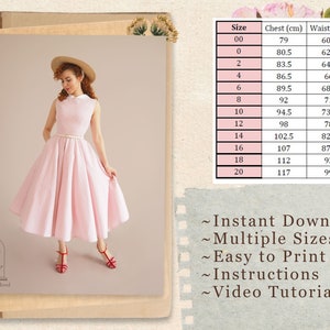 May include: A pink dress with a white collar and a straw hat. The dress has a full skirt and is shown on a model. The image includes a size chart with measurements in centimeters. The text "Instant Download", "Multiple Sizes", "Easy to Print", "Instructions", and "Video Tutorial" is also included.