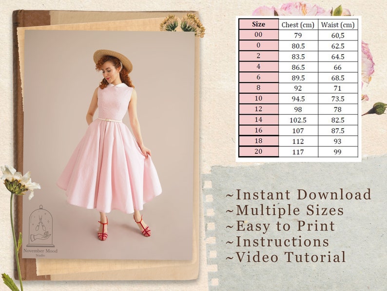 May include: A pink dress with a white collar and a straw hat. The dress has a full skirt and is shown on a model. The image includes a size chart with measurements in centimeters. The text "Instant Download", "Multiple Sizes", "Easy to Print", "Instructions", and "Video Tutorial" is also included.