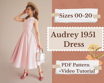 Audrey 1951 Dress ~Vintage Style~ Digital A4 A0 PDF Sewing Pattern, Sizes 0 - 20 US, PDF sewing pattern with Video Tutorial