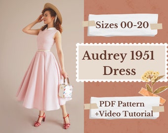 Robe Audrey 1951 ~Style vintage~ Patron de couture PDF numérique A4 A0, tailles 0 - 20 US, Patron de couture PDF avec tutoriel vidéo