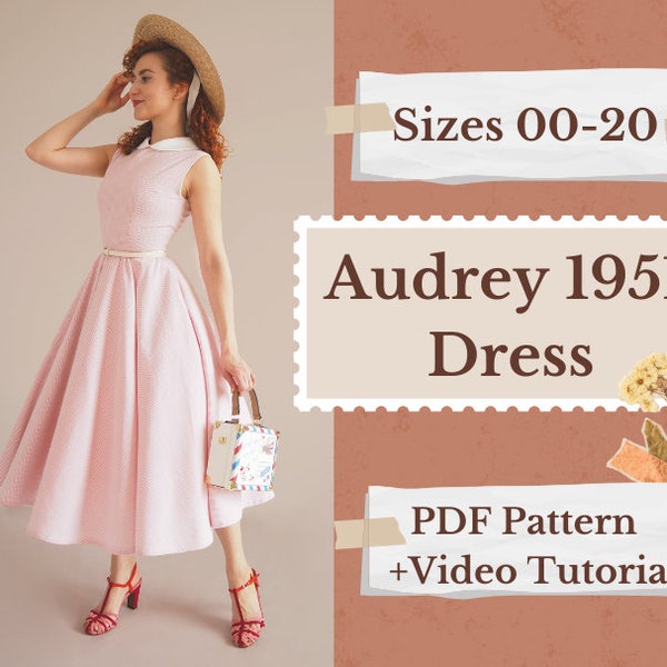 Audrey 1951 Dress ~Vintage Style~ Digital A4 A0 PDF Sewing Pattern, Sizes 0 - 20 US, PDF sewing pattern with Video Tutorial