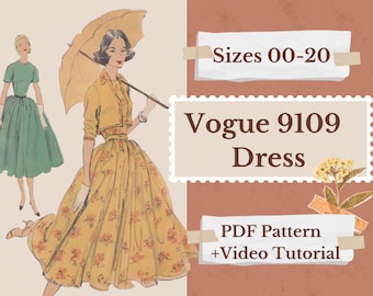 Vintage Dress Sewing Pattern PDF ; Sewing Pattern Video Tutorial ; 1950s Dress Sewing Pattern reproduction; Sizes 8 - 20; Vogue 9109 PDF