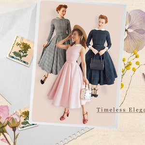 May include: Three women wearing vintage-style dresses with contrasting collars and belts. The dresses are in shades of gray, pink, and green plaid. The women are standing in front of a light pink background. The text "Timeless Elegance" is written in black at the bottom of the image.