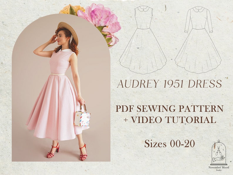 May include: A pink 1951 Audrey dress sewing pattern with a white collar. The pattern includes a PDF sewing pattern and a video tutorial. Sizes 00-20.