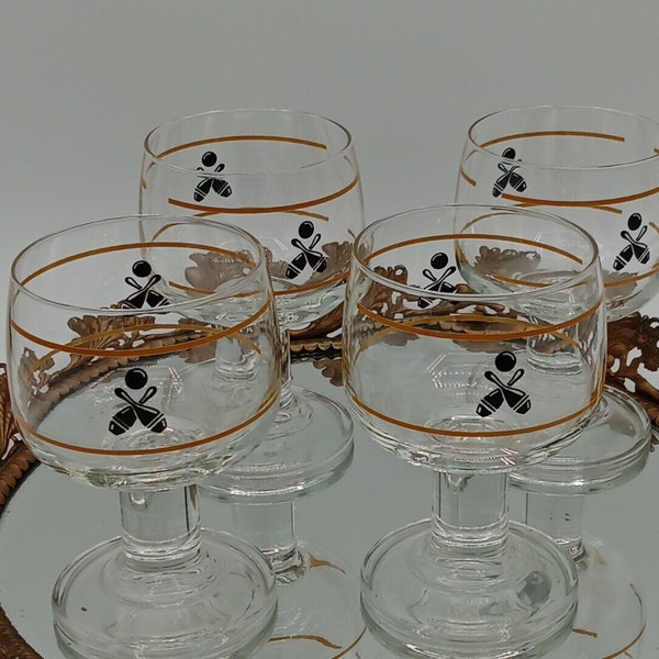 Vintage Bowling Themed Glasses; Bowling Pins and Ball; Wine Glasses; Cocktail/Liquor Glasses; Luminarc; Made in France; Mid Century Modern