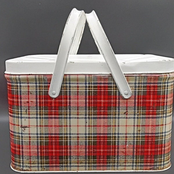 Vintage Red Plaid Metal Picnic Basket by GSW; Tartan Metal Lunch Box; Food Carrier; Tailgating; Rustic Country Kitchen Decor; Mid-Century