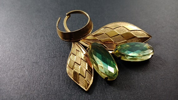 Vintage Gold Tone and Green and Amber Rhinestone … - image 2
