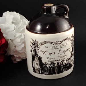 M. Crichton, Jr. Dealers in Wines, Liquors, Cigars, Tobacco; Stoneware Dipped Crock in Cream and Treacle Brown; Mid Century