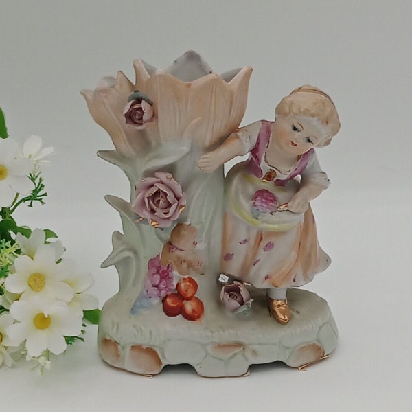 Antique Porcelain Vase; Figural Blue Eyed Girl with Roses and Tulip; Gold Gilded; Hand Painted; PICO; Made in Japan; Circa 1930s