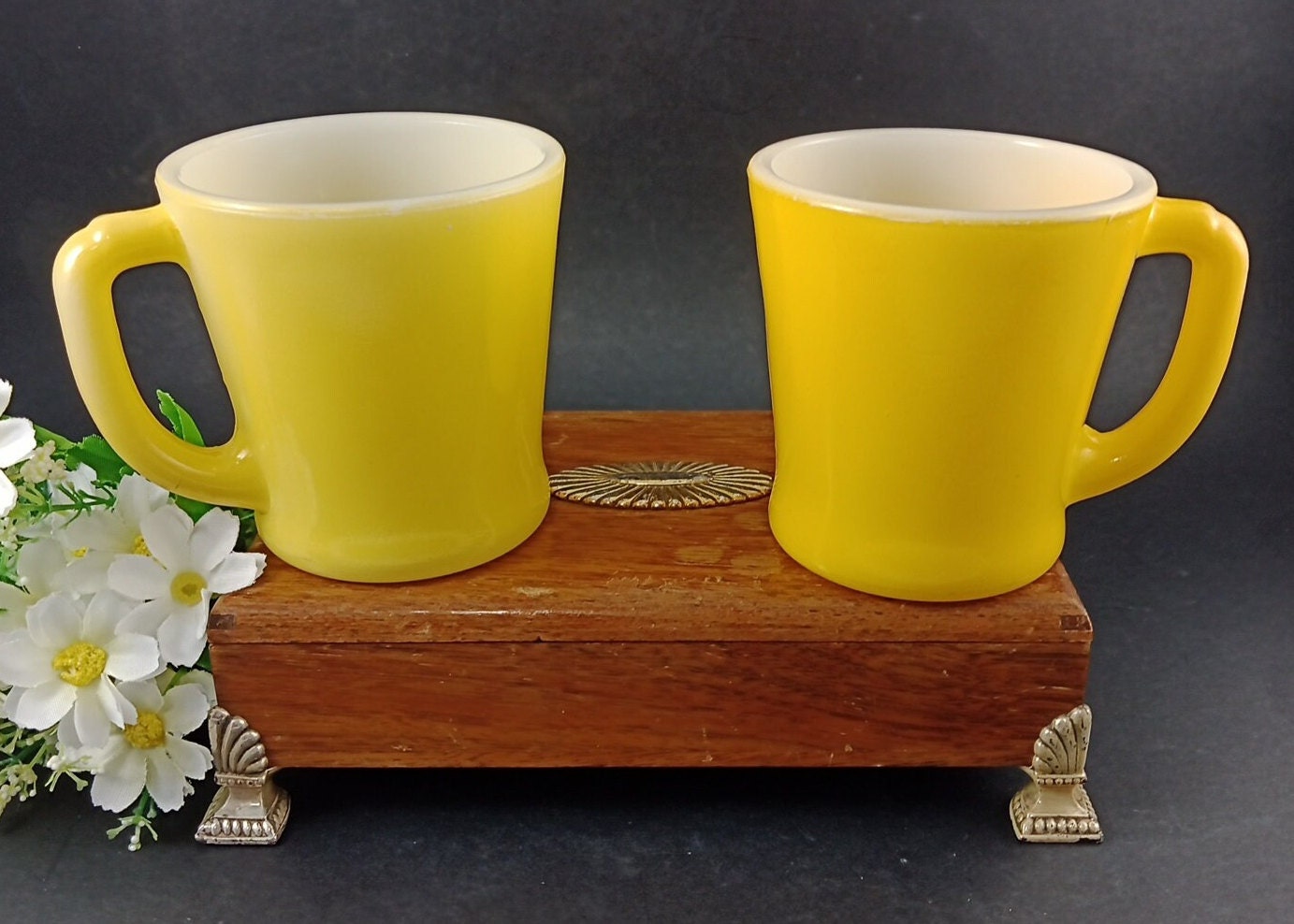 Pair of Vintage Yellow Fire-king Mugs; Two Shades of Yellow; D 