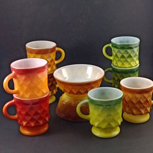 Vintage Anchor Hocking Fire King Kimberly Pattern Coffee Cup/Mugs and Cereal Bowls; Stackable; C Handle; Milk Glass; Circa 1960s