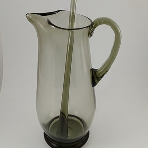 Vintage Hand Blown Smokey Gray Martin Pitcher with Glass Stirrer; V Spout Cocktail Pitcher; Swizzle Stick; Smokey Grey; Mid Century Modern