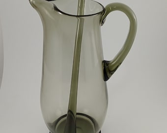 Vintage Hand Blown Smokey Gray Martin Pitcher with Glass Stirrer; V Spout Cocktail Pitcher; Swizzle Stick; Smokey Grey; Mid Century Modern