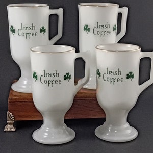 Set of 4 Vintage Irish Coffee Milk Glass Pedestal Mug; Three Leaf Clover; Irish Coffee; Made in USA; Like New Condition; Early Mid Century