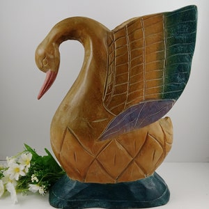 Vintage Hand Carved Wooden Swan; Hand Painted Folk Art