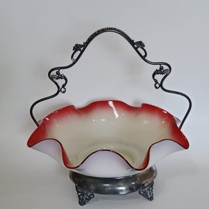 Antique Brides Basket/Bowl with Ruffled Cranberry Fade Glass and Footed Silver/Silverplated Base