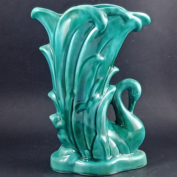 Vintage Canadian Green/Blue Swan Maple Leaf Canada Pottery; Blue Mountain Style; Mid Century Collectible Vase featuring a Swan