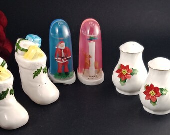 Christmas Themed Salt and Pepper Shakers; Poinsettias on Porcelain, Snow Globe Santa/North Pole and Holiday Stockings/Boots; Holiday Decor