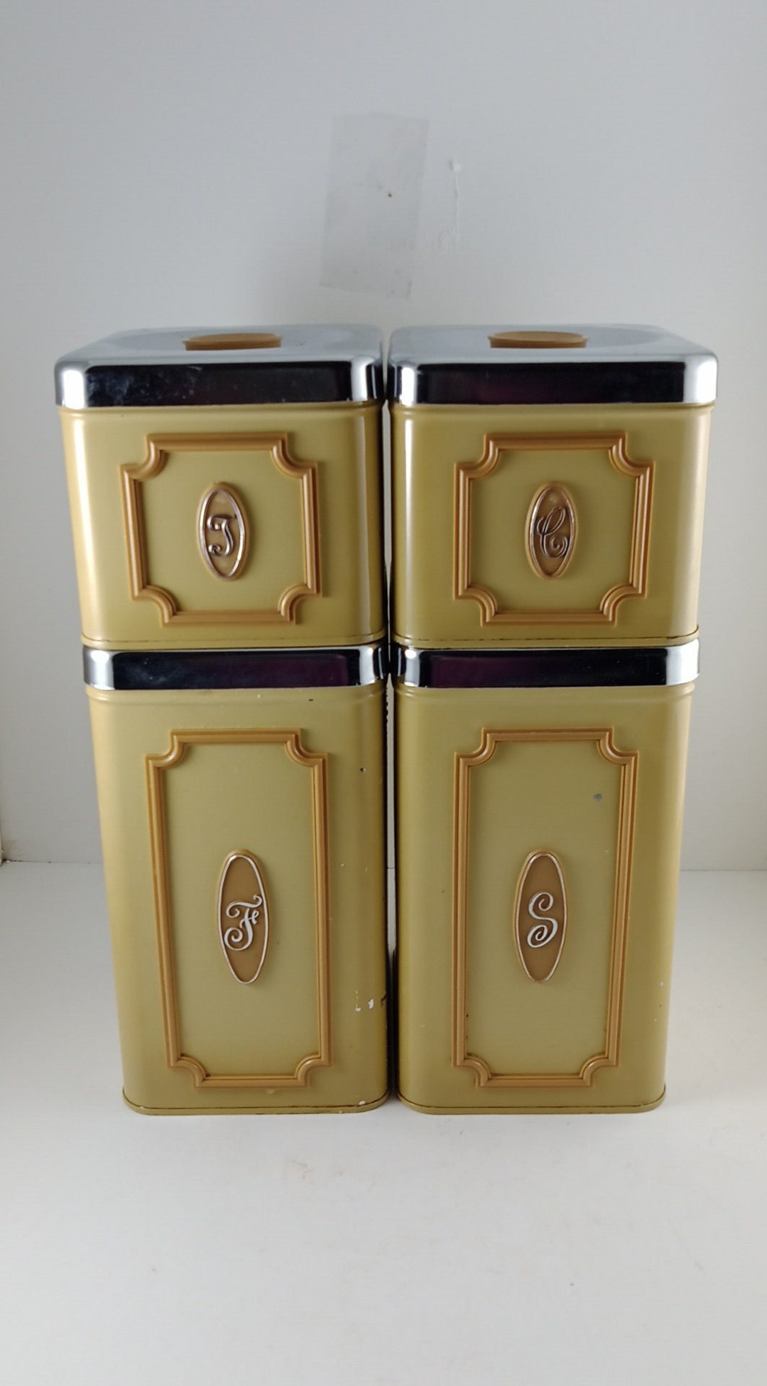 Vintage Canister Set of 4 in a Retro Mustard Yellow Marked Tea, Coffee