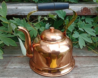 Vintage LAMINACO Decorative Copper Kettle; Brass and Black Wood Handle; NASCO Made in Colombia; Rustic Charm Patina