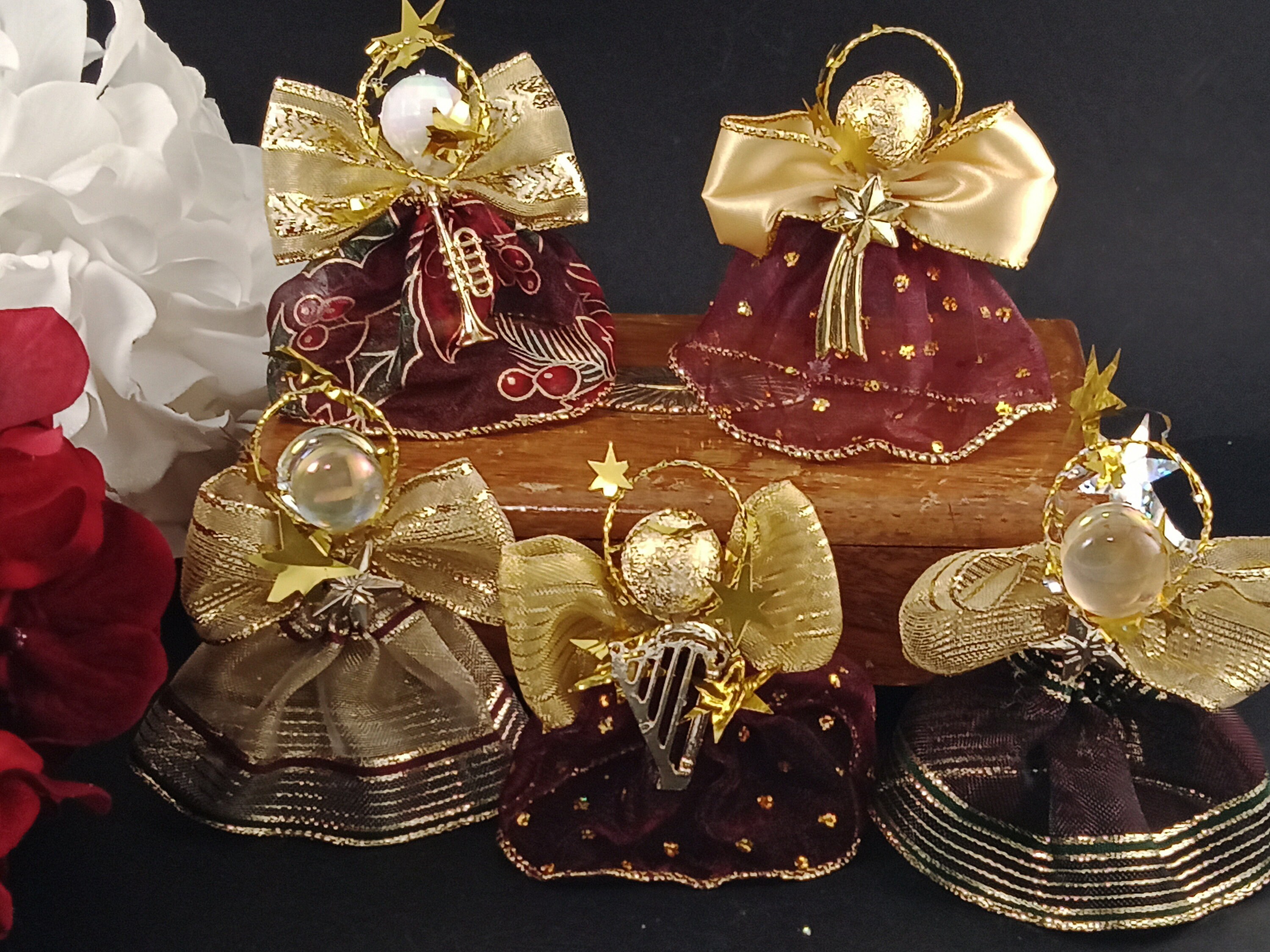 Set of Five Vintage Angel/Choir Member Christmas Ornaments; Burgundy, Gold, Green and Red Ribbon and Glass; Circa 1995