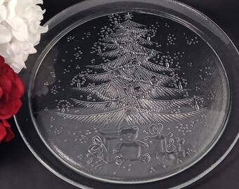 Vintage Duralex 13&quot; Glass Christmas Platter; Christmas Tree, Presents, Teddy Bear; Les Verreries de Saint Gobain #3530; Made in France